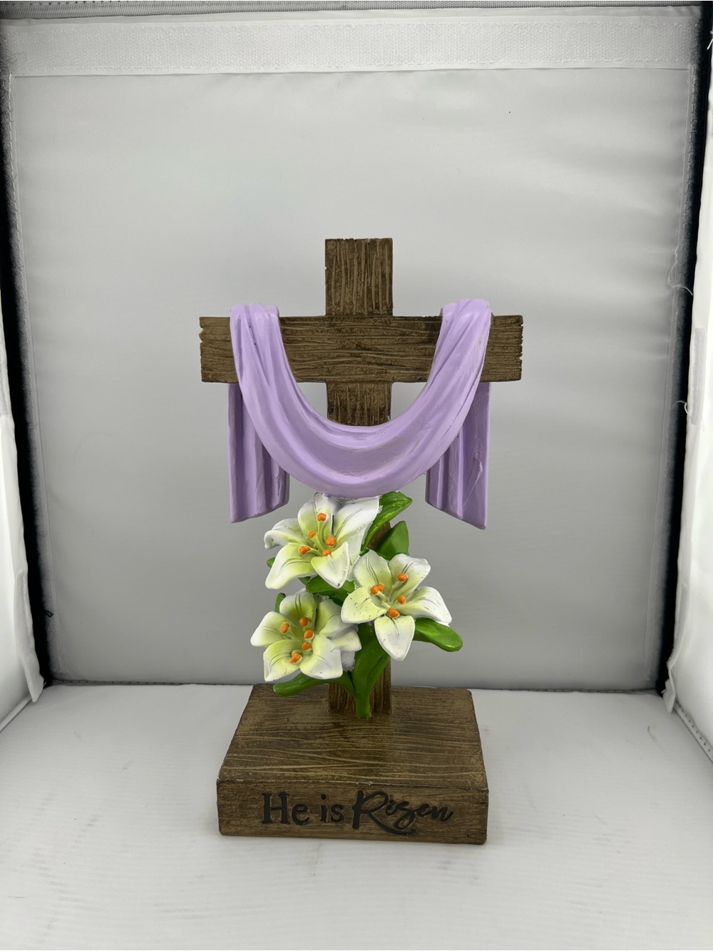 Easter He Is Risen Cross Figurine Tabletop Decor Purple Cloth Easter Lilies